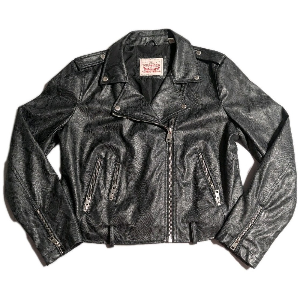 Levis Faux Leather Moto Jacket Womens XL Black‎ Snakeskin Cropped Biker Zip